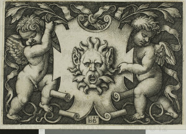 Ornament with a Mask Held by Two Genii, 1544, Sebald Beham, German, 1500-1550, Germany, Engraving in black on ivory laid paper, 49 x 71 mm (image), 49 x 72 mm (sheet)