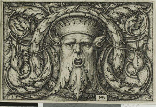 Ornament with a Mask, 1543, Sebald Beham, German, 1500-1550, Germany, Engraving in black on ivory laid paper, 50 x 77 mm (image), 52 x 78 mm (sheet)