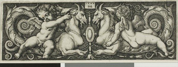 Ornament with Two Genii Riding Chimerical Beasts, 1544, Sebald Beham, German, 1500-1550, Germany, Engraving in black on ivory laid paper, 34 x 99 mm (image/plate), 35 x 100 mm (sheet)