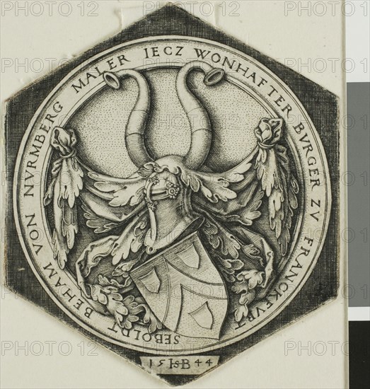 Coat of Arms of Sebald Beham, 1544, Sebald Beham, German, 1500-1550, Germany, Engraving in black on ivory laid paper, 69 x 59 mm (sheet, trimmed to image)