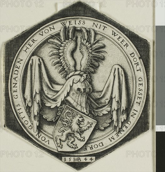 Coat of Arms with a Rampant Lion, 1544, Sebald Beham, German, 1500-1550, Germany, Engraving in black on ivory laid paper, 69 x 59 mm (sheet, trimmed to image)