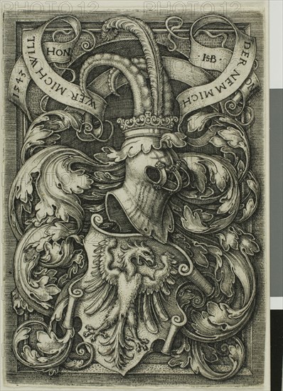 Coat of Arms with an Eagle, 1543, Sebald Beham, German, 1500-1550, Germany, Engraving in black on ivory laid paper, 72 x 50 mm (image/sheet, trimmed to platemark)