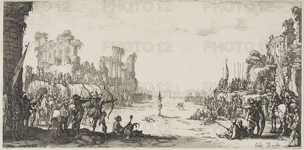 The Martyrdom of Saint Sebastian, n.d., Jacques Callot, French, 1592-1635, France, Etching on paper, 158 × 321 mm (sheet, plate trimmed)