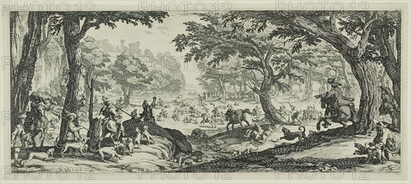 The Stag Hunt, 1630–35, Jacques Callot, French, 1592-1635, France, Etching on paper, 197 × 469 mm (plate), 211 × 481 mm (sheet)