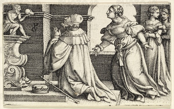 Solomon Worshipping the Idol Moloch, c. 1531, Georg Pencz, German, c. 1500-1550, Germany, Engraving in black on ivory laid paper, 47 x 77 mm (sheet)