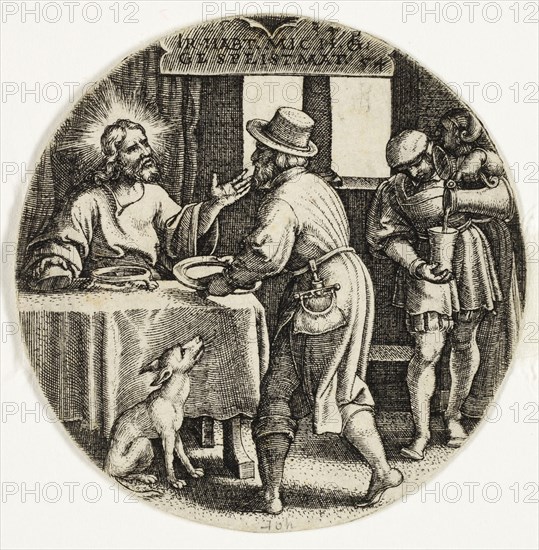 Feeding the Hungry, from The Seven Acts of Mercy, 1534, Georg Pencz, German, c. 1500-1550, Germany, Engraving in black on ivory laid paper, 55 x 54 mm (image/sheet, plate mark not visible)