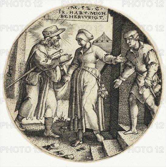 Sheltering Strangers, from The Seven Acts of Mercy, c. 1534, Georg Pencz, German, c. 1500-1550, Germany, Engraving in black on ivory laid paper, 57 x 57 mm (image/sheet, plate mark not visible)