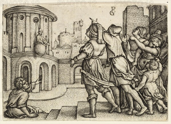 Virgil the Magician Hanging in the Basket, 1541/42, Georg Pencz, German, c. 1500-1550, Germany, Engraving in black on ivory laid paper, 57 x 82 mm (image/sheet)