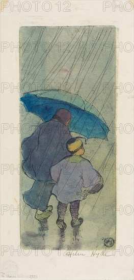 The Shower, 1897, Helen Hyde, American, 1868-1919, United States, Color etching on paper, 267 x 115 mm (image/plate), 337 x 163 mm (sheet)