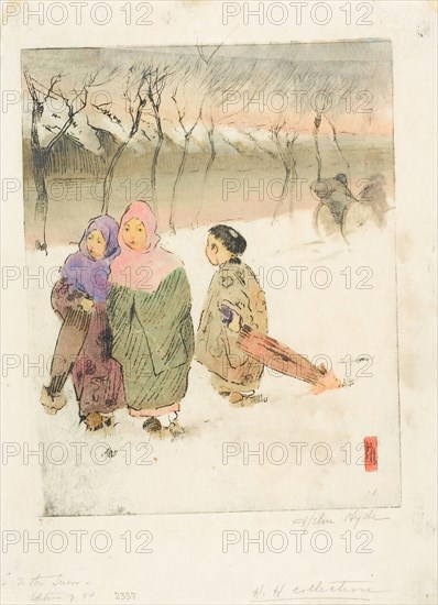 In the Snow at Tokyo, 1900, Helen Hyde, American, 1868-1919, United States, Color soft ground etching on paper, 253 x 200 mm (image/plate), 331 x 241 mm (sheet)