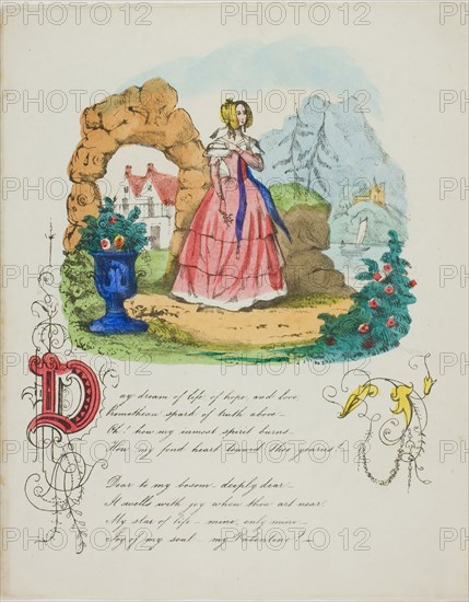 Day Dream of Life, of Hope, and Love (valentine), c. 1842, Unknown Artist, English, 19th century, England, Lithograph with hand-coloring on ivory wove paper, 233 × 185 mm (folded sheet)