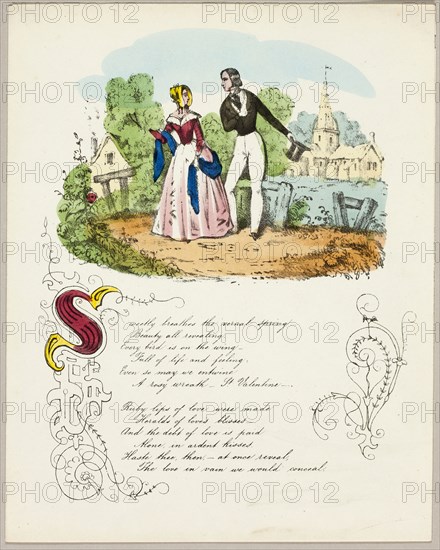 Sweetly Breaths the Vernal Spring (valentine), c. 1842, Unknown Artist, English, 19th century, England, Lithograph with hand-coloring on ivory wove paper, 233 × 185 mm (folded sheet)