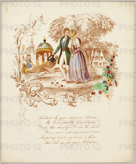 Subdued by your Superior Charms (valentine), c. 1842, Unknown Artist, English, 19th century, England, Lithograph in brown ink with hand-coloring on cream wove paper, 226 × 188 mm (folded sheet)