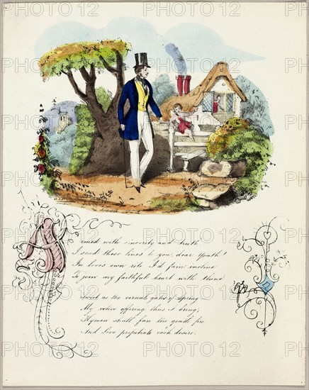 Armed with Sincerity and Truth (valentine), c. 1842, Unknown Artist, English, 19th century, England, Lithograph with hand-coloring on ivory wove paper, 231 × 184 mm (folded sheet)