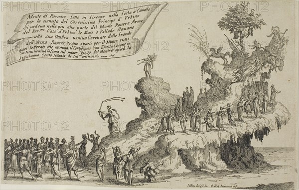 The Float of Mount Parnassus, from The War of Beauty, 1616, Jacques Callot, French, 1592-1635, France, Etching on paper, 142 × 230 mm