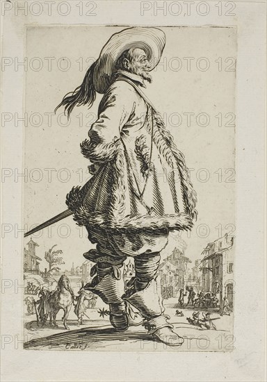 The Gentleman in a Fur-Trimmed Mantle, Holding his Hands Behind his Back, plate seven from La Noblesse, 1620–23, Jacques Callot, French, 1592-1635, France, Etching on paper, 142 × 92 mm (image), 168 × 116 mm (sheet)