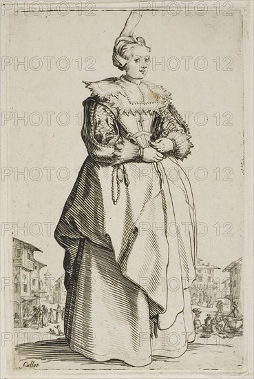 The Lady with the Small Raised Cap, plate one from La Noblesse, n.d., Jacques Callot, French, 1592-1635, France, Etching on paper, 143 × 92 mm