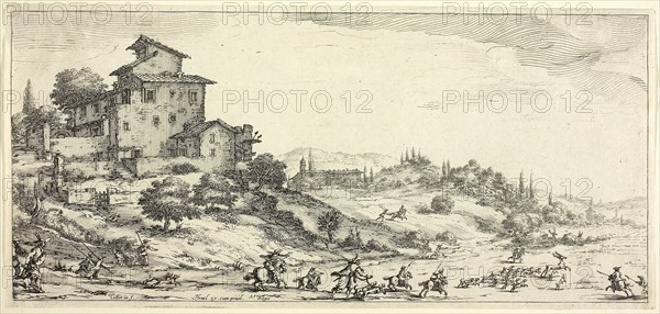 The Stag Hunt, from Various Scenes Designed in Florence, 1618–20, Jacques Callot, French, 1592-1635, France, Etching on paper, 111 × 243 mm (image), 117 × 248 mm (sheet)