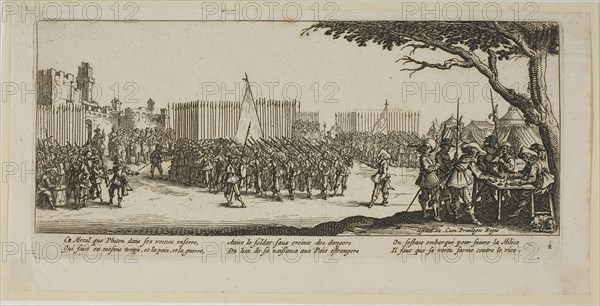 Recruitment of Troops, plate two from The Large Miseries of War, n.d., Gerrit Lucasz van Schagen (Dutch, born 1642), after Jacques Callot (French, 1592-1635), Netherlands, Etching on paper, 75 x 182 mm (image), 84 x 184 mm (plate), 100 x 202 mm (sheet)