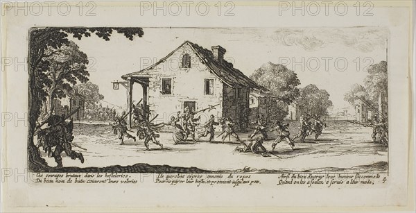 Scene of Pillage, plate four from The Large Miseries of War, n.d., Gerrit Lucasz van Schagen (Dutch, born 1642), after Jacques Callot (French, 1592-1635), Netherlands, Etching on paper, 74 x 183 mm (image), 82 x 184 mm (plate), 102 x 204 mm (sheet)