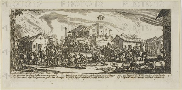 Plundering and Burning a Village, plate seven from The Large Miseries of War, n.d., Gerrit Lucasz van Schagen (Dutch, born 1642), after Jacques Callot (French, 1592-1635), Netherlands, Etching on paper, 74 x 181 mm (image), 84 x 183 mm (plate), 99 x 200 mm (sheet)