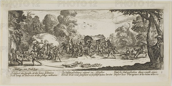 Attack on a Coach, plate eight from The Large Miseries of War, n.d., Gerrit Lucasz van Schagen (Dutch, born 1642), after Jacques Callot (French, 1592-1635), Netherlands, Etching on paper, 73 x 186 mm (image), 84 x 190 mm (plate), 97 x 200 mm (sheet)