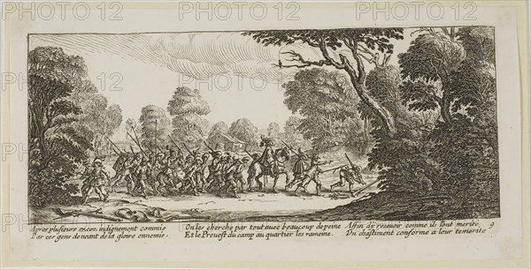 Discovery of the Criminal Soldiers, plate nine from The Large Miseries of War, n.d., Gerrit Lucasz van Schagen (Dutch, born 1642), after Jacques Callot (French, 1592-1635), Netherlands, Etching on paper, 74 x 182 mm (image), 84 x 183 mm (plate), 99 x 198 mm (sheet)