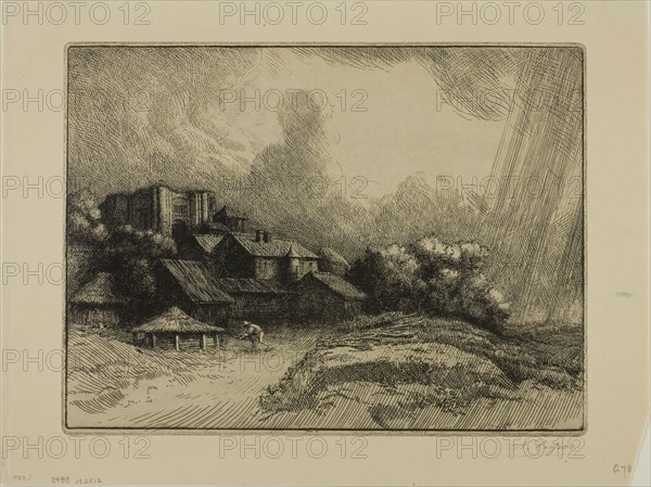 The Abbey Farm, c. 1893, Alphonse Legros, French, 1837-1911, France, Etching and drypoint on buff laid paper, 216 × 287 mm (plate), 266 × 353 mm (sheet)