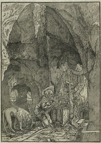 Saint Jerome in Penitence, in a Cave, 1500/38, Albrecht Altdorfer, German, c.1480-1538, Germany, Wood engraving in black on cream laid paper, 168 x 120 mm (image/block/sheet)