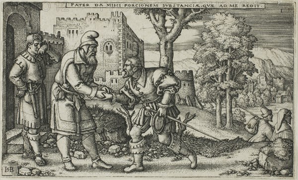 The Departure of the Prodigal Son, plate one from The History of the Prodigal Son, n.d., Sebald Beham, German, 1500-1550, Germany, Engraving in black on ivory laid paper, 58 x 97 (image/plate), 59 x 98 mm (sheet)
