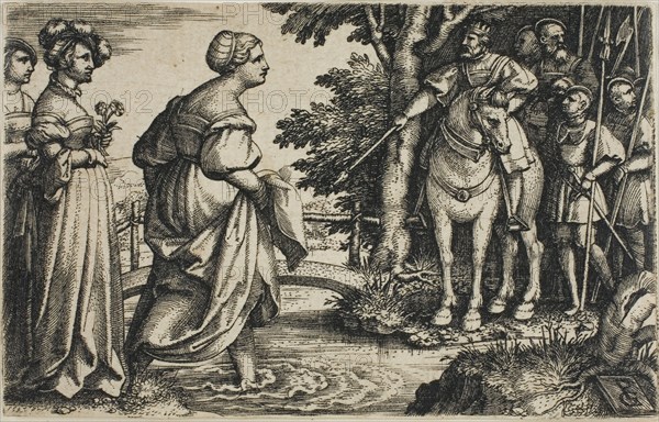 The Queen of Sheba Avoiding the Wooden Bridge, c. 1532, Georg Pencz, German, c. 1500-1550, Germany, Engraving in black on ivory laid paper, 50 x 78 mm (sheet)