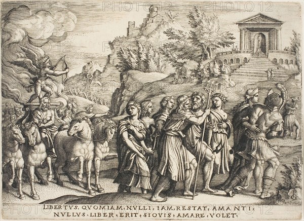 The Triumph of Love, plate one from The Triumphs of Petrarch, c. 1539, Georg Pencz, German, c. 1500-1550, Germany, Engraving in black on ivory laid paper, 152 x 210 mm (image/plate/sheet)