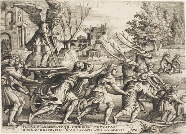 The Triumph of Time, plate four from The Triumphs of Petrarch, c. 1539, Georg Pencz, German, c. 1500-1550, Germany, Engraving in black on ivory laid paper, 151 x 210 mm (image/plate/sheet)