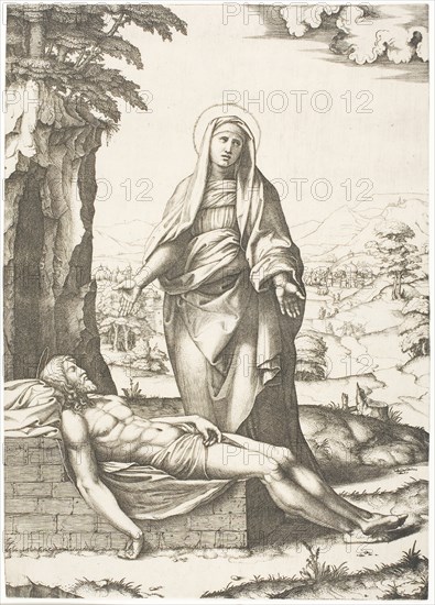 The Pietà, c. 1512, Marcantonio Raimondi  (Italian, c. 1480-1534), after Raffaello Sanzio, called Raphael (Italian, 1483-1520), Italy, Engraving in black on paper, 308 x 219 mm