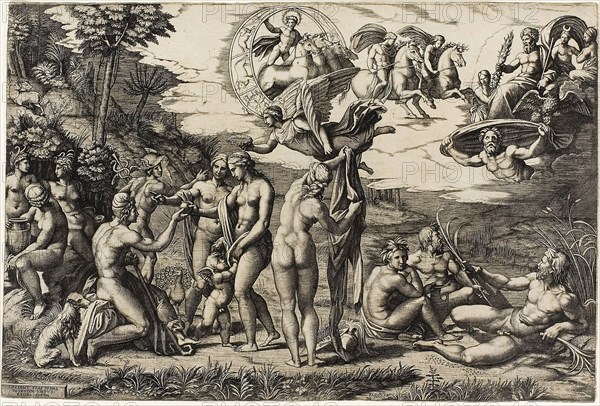 The Judgment of Paris, 1517/ 20, Marcantonio Raimondi (Italian, c. 1480-1534), after Raffaello Sanzio, called Raphael (Italian, 1483-1520), Italy, Engraving in black on cream laid paper, 293 × 438 mm (image/plate), 296 × 440 mm (sheet)