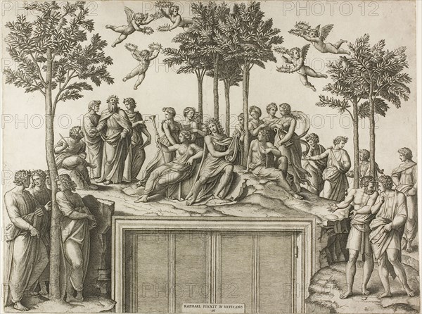 Apollo on Parnassus, 1517/20, Marcantonio Raimondi (Italian, c. 1480-1534), after Raffaello Sanzio, called Raphael (Italian, 1483-1520), Italy, Engraving on ivory laid paper, 357 x 472 mm