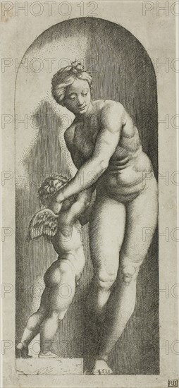 Venus and Cupid, 1510/12, Marcantonio Raimondi, Italian, c. 1480-1534, Italy, Engraving printed in black on ivory laid paper, 204 x 82 mm (image/plate), 221 x 101 mm (sheet)