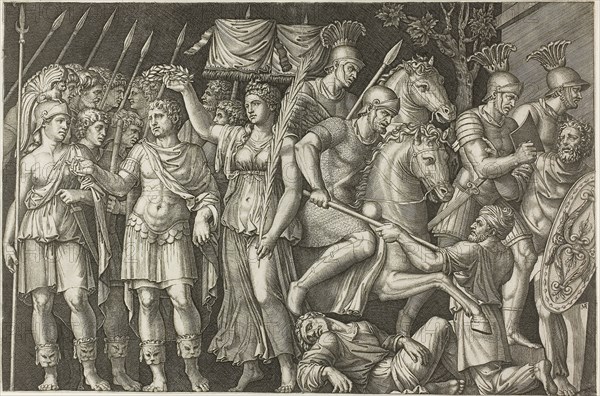 Trajan Crowned by Victory, 1520/25, Marcantonio Raimondi, Italian, c. 1480-1534, Italy, Engraving printed in black on paper, 293 x 441 mm