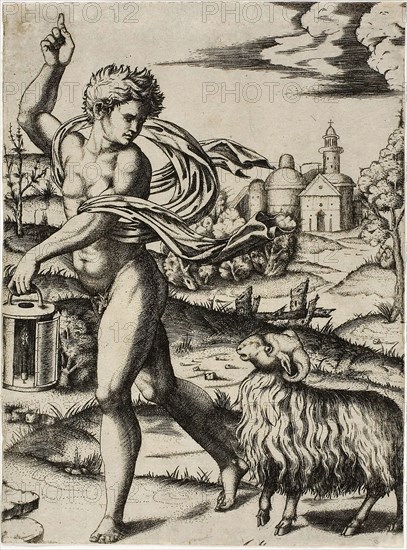 Sign of the Ram, c. 1509, Marcantonio Raimondi, Italian, c. 1480-1534, Italy, Engraving printed in black on paper, 175.5 x 130 mm