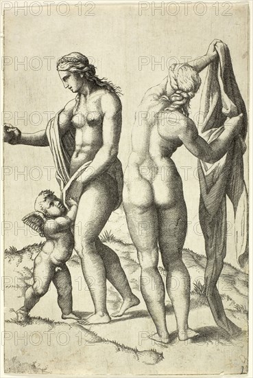 Venus, Cupid and Pallas, 16th century, School of Marcantonio Raimondi (Italian, c. 1480-1534), after Raffaello Sanzio, called Raphael (Italian, 1483-1520), Italy, Engraving in black on ivory laid paper, 197 x 131 mm (sheet)