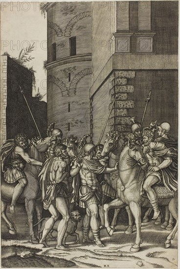 Emperor Freeing the Slave Androcles, 1516/17, Agostino dei Musi, Italian, c. 1490-after 1536, Italy, Engraving in black on ivory laid paper, 402 x 270 mm (image/plate), 404 x 268 mm (sheet)