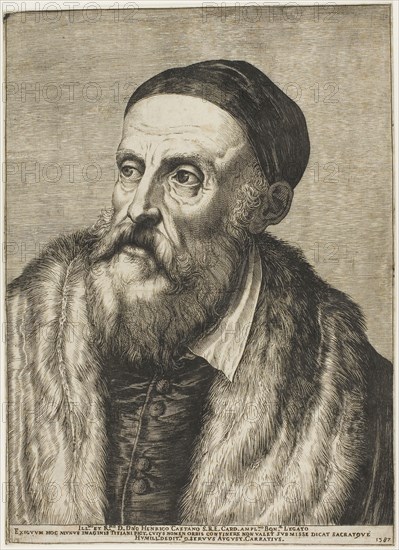 Portrait of Titian, 1587, Agostino Carracci (Italian, 1557-1602), after a self-portrait by Titian (Italian, c. 1488-1576), Italy, Engraving on ivory laid paper, 324 x 232 mm (image/plate/sheet)