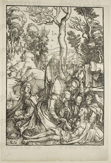 The Lamentation, from The Large Passion, c. 1498–99, published 1511, Albrecht Dürer, German, 1471-1528, Germany, Woodcut in black on ivory laid paper, 392 x 282 mm (image), 447 x 308 mm (sheet)