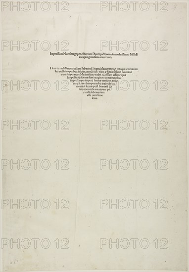 Colophon, from the Large Passion, 1511, Albrecht Dürer, German, 1471-1528, Germany, Letterpress in black on ivory laid paper, 452 × 310 mm