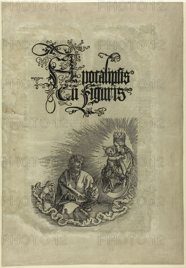 The Virgin Appearing to St. John, from The Apocalypse, c. 1511, Albrecht Dürer, German, 1471-1528, Germany, Woodcut in black on ivory laid paper discolored to gray, 450 x 312 mm