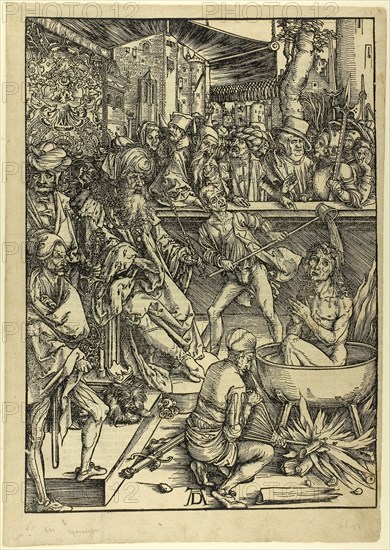 The Martyrdom of St. John, from The Apocalypse, c. 1496–98, published 1511, Albrecht Dürer, German, 1471-1528, Germany, Woodcut in black on tan laid paper, 395 x 280 mm (image), 431 x 305 mm (sheet)