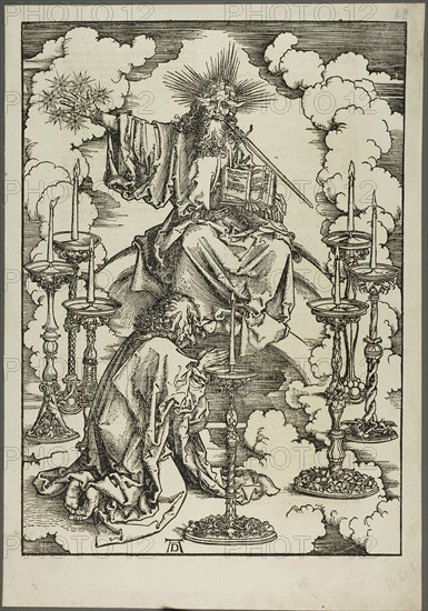 The Vision of the Seven Candlesticks, from The Apocalypse, c. 1496–98, published 1511, Albrecht Dürer, German, 1471-1528, Germany, Woodcut in black on tan laid paper, 395 × 283 mm (image), 445 × 309 mm (sheet)