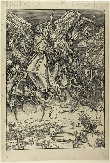 St. Michael Fighting the Dragon, from The Apocalypse, c. 1496–98, published 1511, Albrecht Dürer, German, 1471-1528, Germany, Woodcut in black on buff laid paper, 394 x 282 mm (image), 449 x 306 mm (sheet)