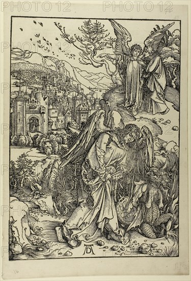 The Angel with the Key of the Bottomless Pit, from The Apocalypse, c. 1496–98, published 1511, Albrecht Dürer, German, 1471-1528, Germany, Woodcut in black on buff laid paper, 395 x 283 mm (image), 448 x 310 mm (sheet)