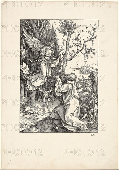 Joachim and the Angel, from The Life of the Virgin, c. 1504, published 1511, Albrecht Dürer, German, 1471-1528, Germany, Woodcut in black on ivory laid paper, 300 x 207 mm (image), 445 x 310 mm (sheet)